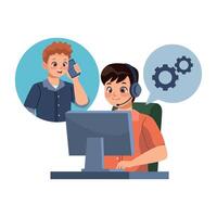 A man in a headset talking on the phone and a man in a headset working on a computer vector
