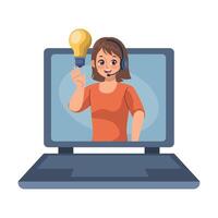 Call center operator with light bulb on laptop screen, call center concept illustration vector