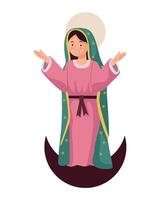 The virgin mary is standing on a moon vector