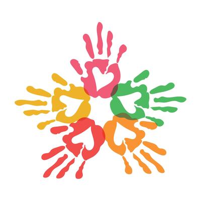 Colorful handprints in the shape of a heart