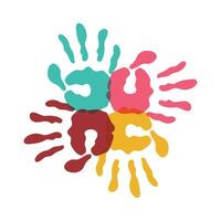 Colorful handprints in a circle with the word love vector