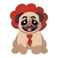 A cartoon pug dog with a red clown wig vector