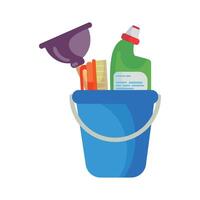 Cleaning supplies in a bucket with a bottle of bleach vector