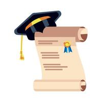 Graduation diploma and diploma cap on a scroll vector