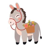 A cartoon donkey with flowers in a basket vector