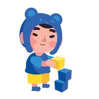 A cartoon boy in a blue bear hat is playing with blocks vector