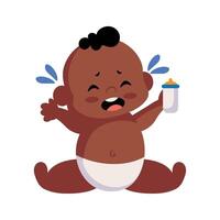 An illustration of a baby crying and holding a bottle vector