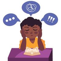A boy is sitting at a table with his head in his hands and a book in front of vector