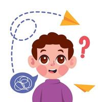 A boy is thinking about what to do with his paper airplane vector