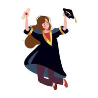 A woman in a graduation gown is jumping up in the air vector