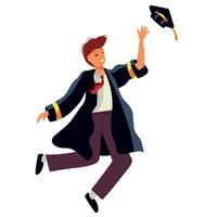 A man in a graduation gown is jumping with his cap vector