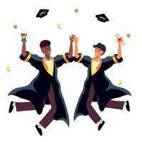 Two graduates jumping in the air with their caps in their hands vector