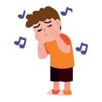 A boy is standing with his hands on his head and music notes flying around him vector