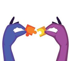 Two hands holding puzzle pieces in front of each other vector