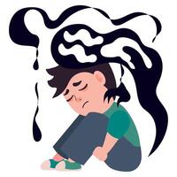 A cartoon boy sitting on the ground with his head down vector