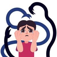 A boy is crying and holding his face vector