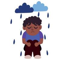 A boy sitting in the rain with clouds above him vector