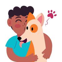 A boy hugging a dog with a paw vector