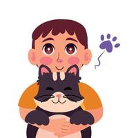 A boy holding a cat and paw print vector