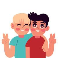 Two boys hugging and making peace sign vector