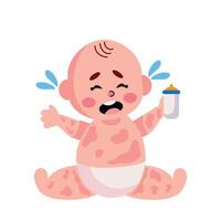 A baby crying and holding a bottle vector