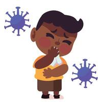 A boy is blowing his nose and coughing in front of a virus vector