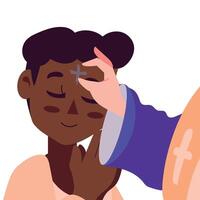 A cartoon illustration of a person putting a cross on a person's forehead vector