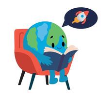 Earth reading a book with rocket in the background vector