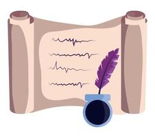 An illustration of a scroll with a feather and ink vector