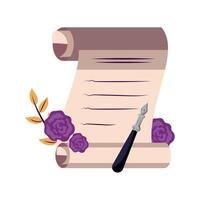 A scroll with a pen and purple flowers vector