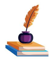 A feather quill and books on a white background vector