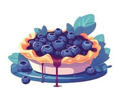 Blueberry pie with blueberries and leaves on a plate vector
