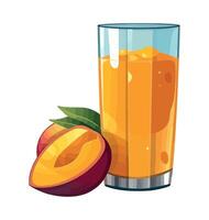 A glass of peach juice with a peach on the side vector
