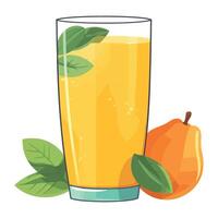 A glass of orange juice with a pear and leaves vector