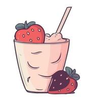 A strawberry milkshake with strawberries and a straw vector