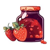 A jar of jam with strawberries and a red lid vector