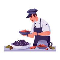 Chef preparing food in kitchen, chef in chef hat, chef in chef uniform, chef in vector
