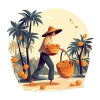 A woman carrying baskets of oranges in the jungle vector
