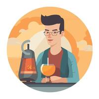 A man with glasses and a drink is sitting at a table with a glass of orange juice vector