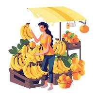 A woman is standing in front of a stand with bananas vector