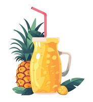 A glass of pineapple juice with a straw and pineapple leaves vector