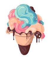 Ice cream in waffle cone with chocolate and blue swirls vector