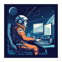Astronaut working on computer in space vector