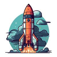 An illustration of a rocket ship flying into the sky vector
