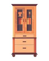 A wooden cabinet with glass doors and drawers vector