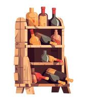 Wine bottles and bottles on wooden shelf vector