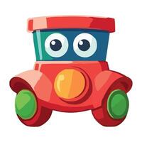 A cartoon red toy car with eyes and a green nose vector