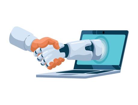 Robotic hand shaking with laptop computer vector