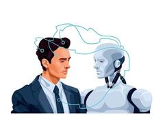 A man in a suit and tie is talking to a robot vector
