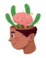 A cartoon man with a brain and plants growing out of it vector